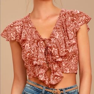 Rust Red Floral Print Lace-Up Crop Top